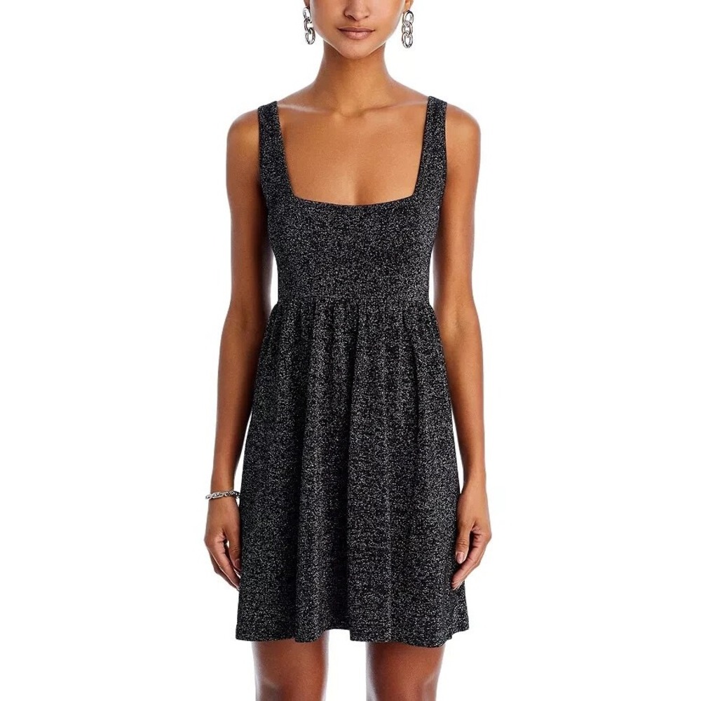 NWT AQUA Black Metallic Knit Square Neck Fit & Flare Mini Dress Small‎
